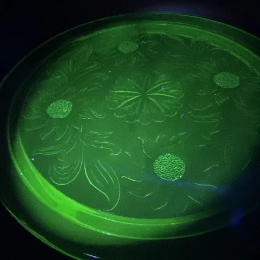 Vintage Jeannette Sunflower Uranium Glass Footed Cake Plate 10
